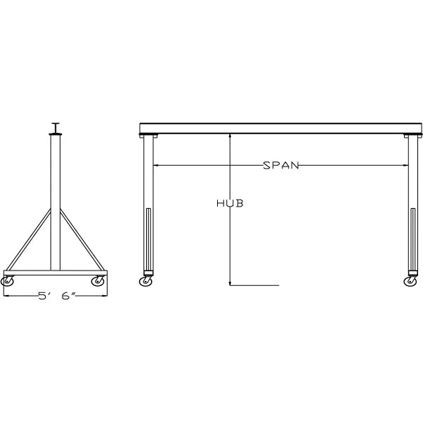 Technical drawing of a gantry crane showing dimensions and specifications.