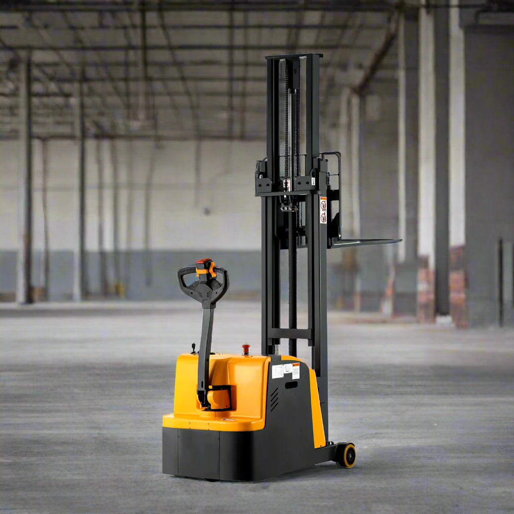 Yellow electric forklift in spacious warehouse with high industrial ceiling.