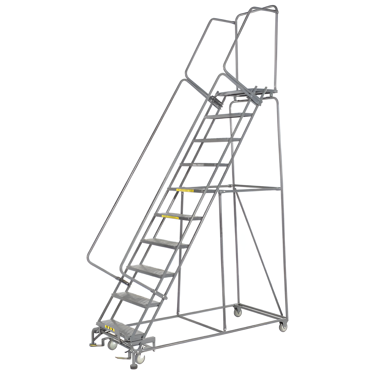 Mobile metal rolling ladder with safety rails and platform steps.