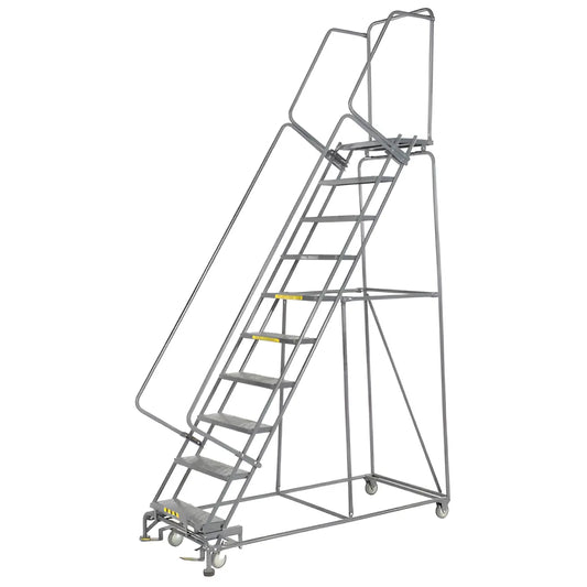 Mobile metal rolling ladder with safety rails and platform steps.