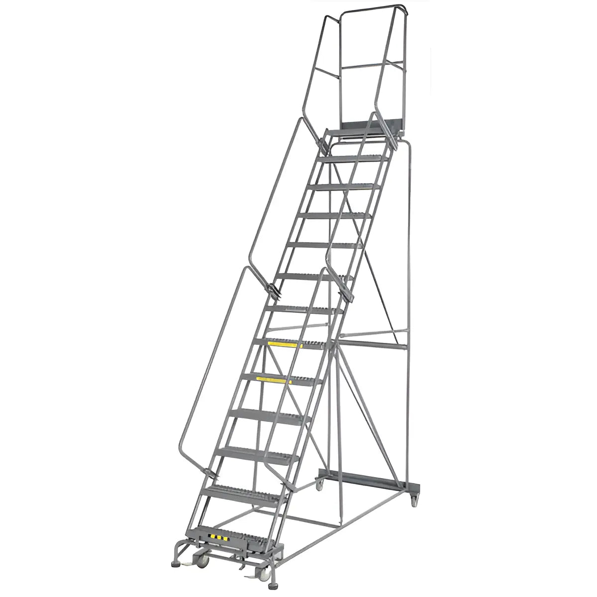 Mobile metal rolling ladder with safety rails and platform steps.