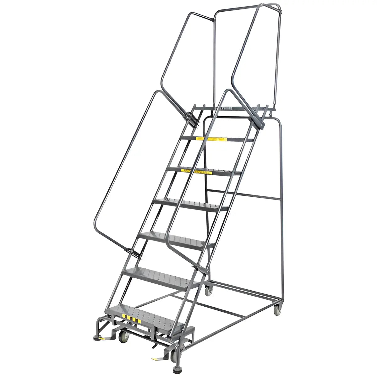 Mobile rolling safety ladder with platform, handrails, and steps.