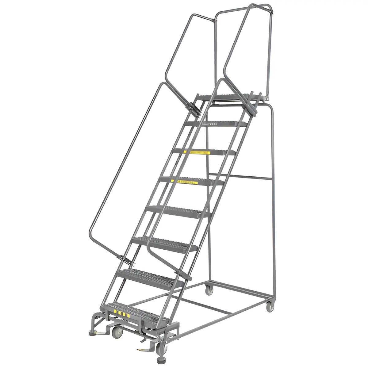 Rolling safety ladder with platform, handrails, and steps.