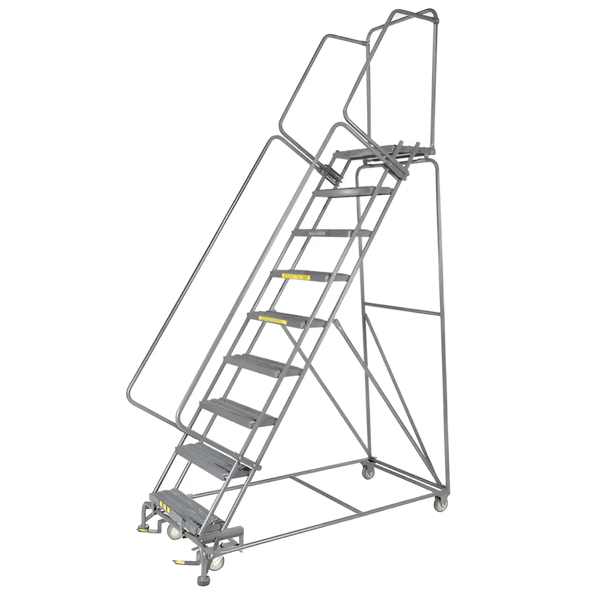 Rolling safety ladder with platform, handrails, and steps.