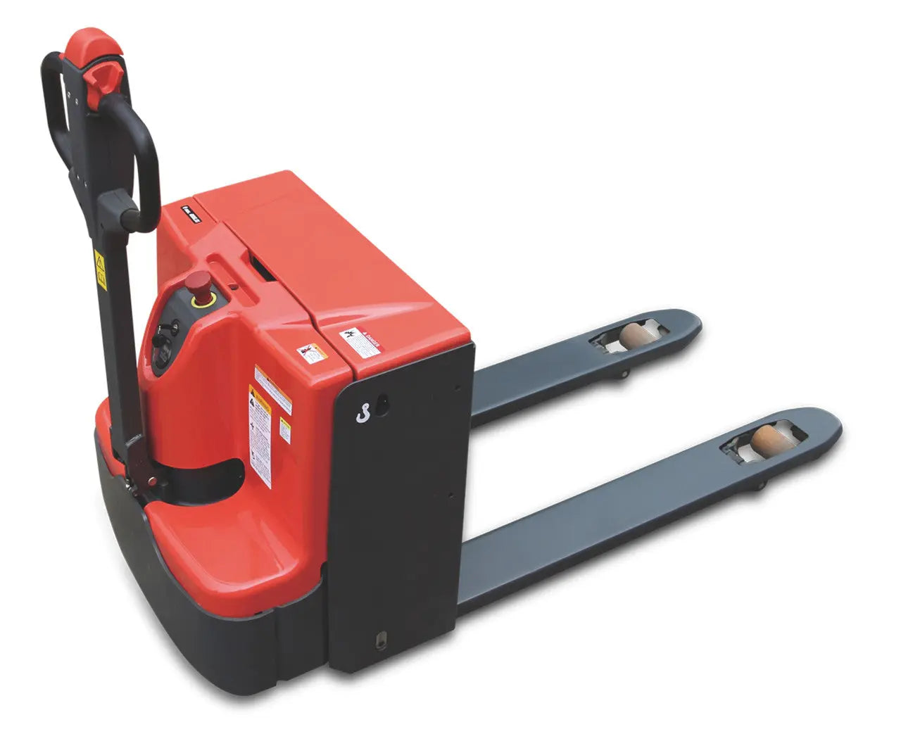 Battery powered pallet jack with red body and ergonomic control handle.