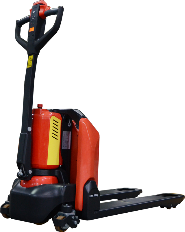 Battery powered pallet jack with ergonomic handle and red-black color scheme.