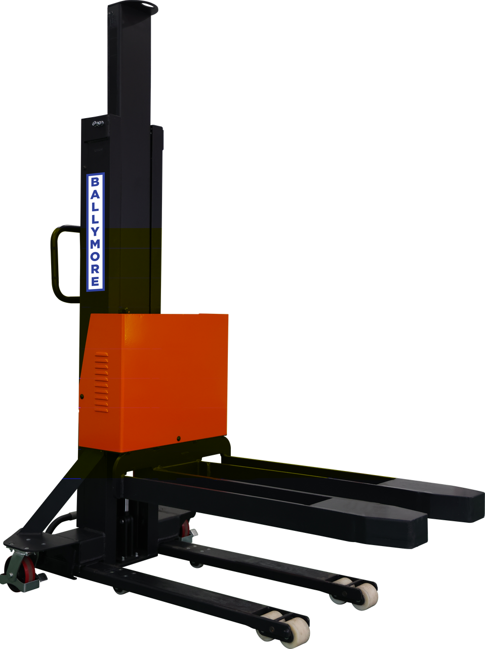 Self-lifting stacker with orange and black body for warehouse use.