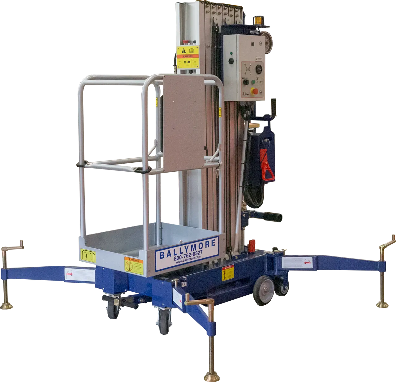 Blue aerial lift labeled Ballymore with outriggers and safety platform.