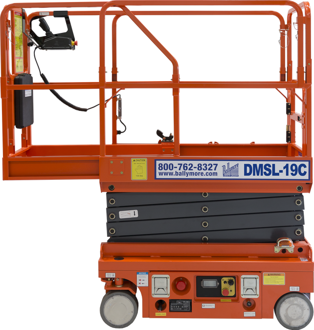 Orange scissor lift labeled DMSL-19C with controls and safety rails.