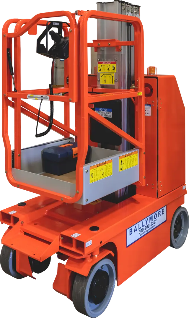 Compact orange vertical mast lift labeled Ballymore with safety rails and wheels.