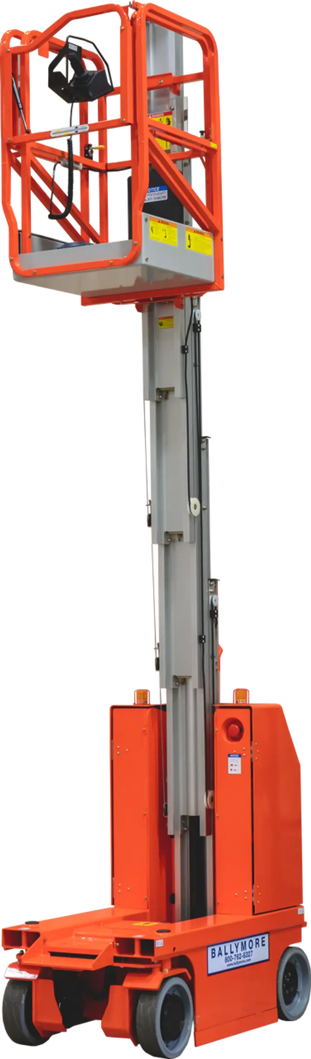 Orange vertical mast lift fully extended, labeled Ballymore, with safety cage.