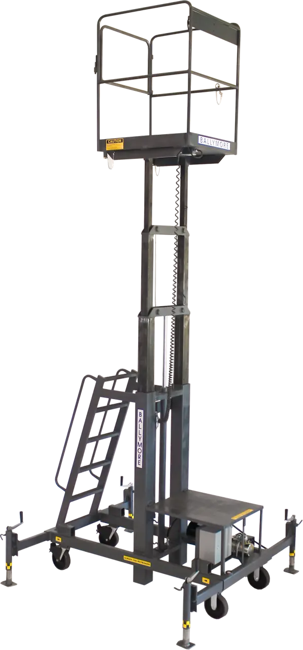 Elevated black mobile work platform with safety rails and support structure.