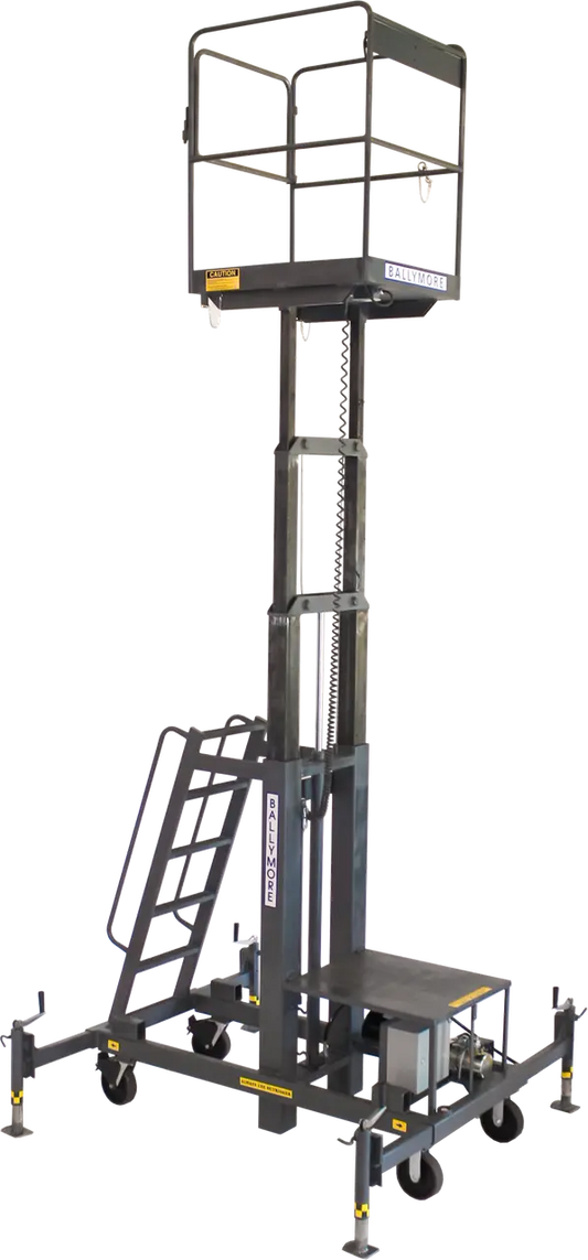 Elevated black mobile work platform with safety rails and support structure.