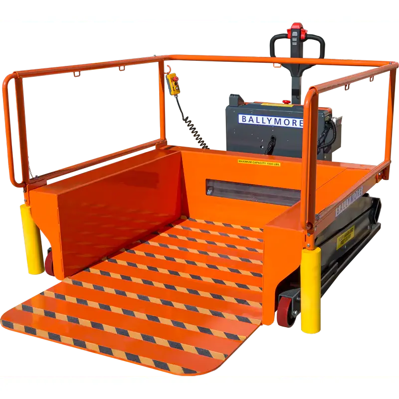 Orange mobile platform with safety rails and ramp for accessibility.