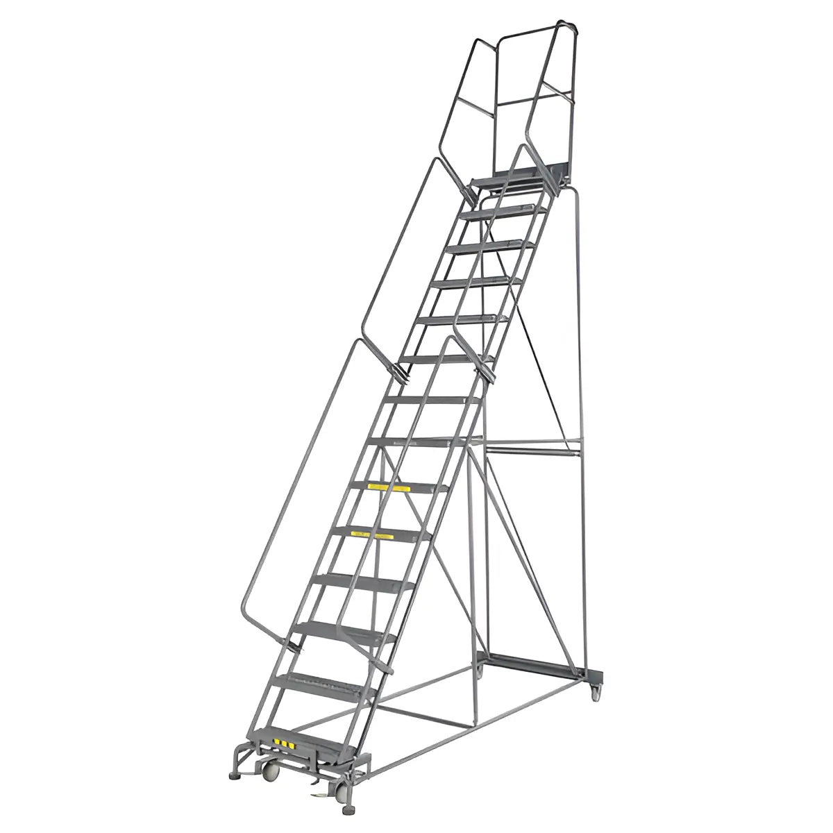 Mobile metal rolling ladder with safety rails and platform steps.