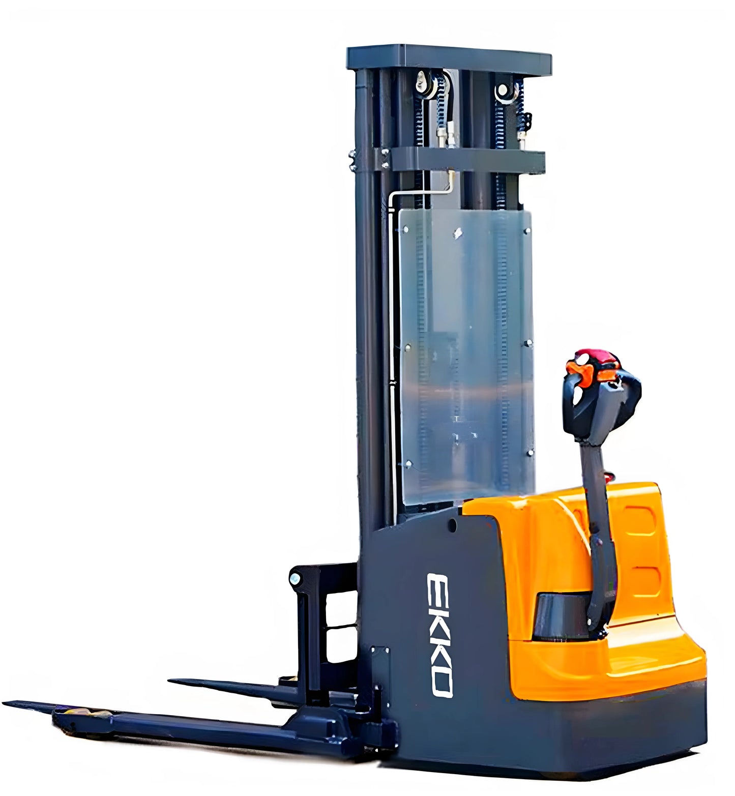 Gray/yellow electric straddle stacker in side