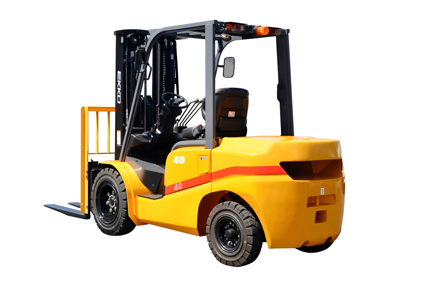 Yellow forklift with black forks and red safety stripe on white background.