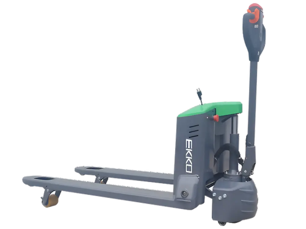 Electric pallet jack with gray body, green top, and upright handle.