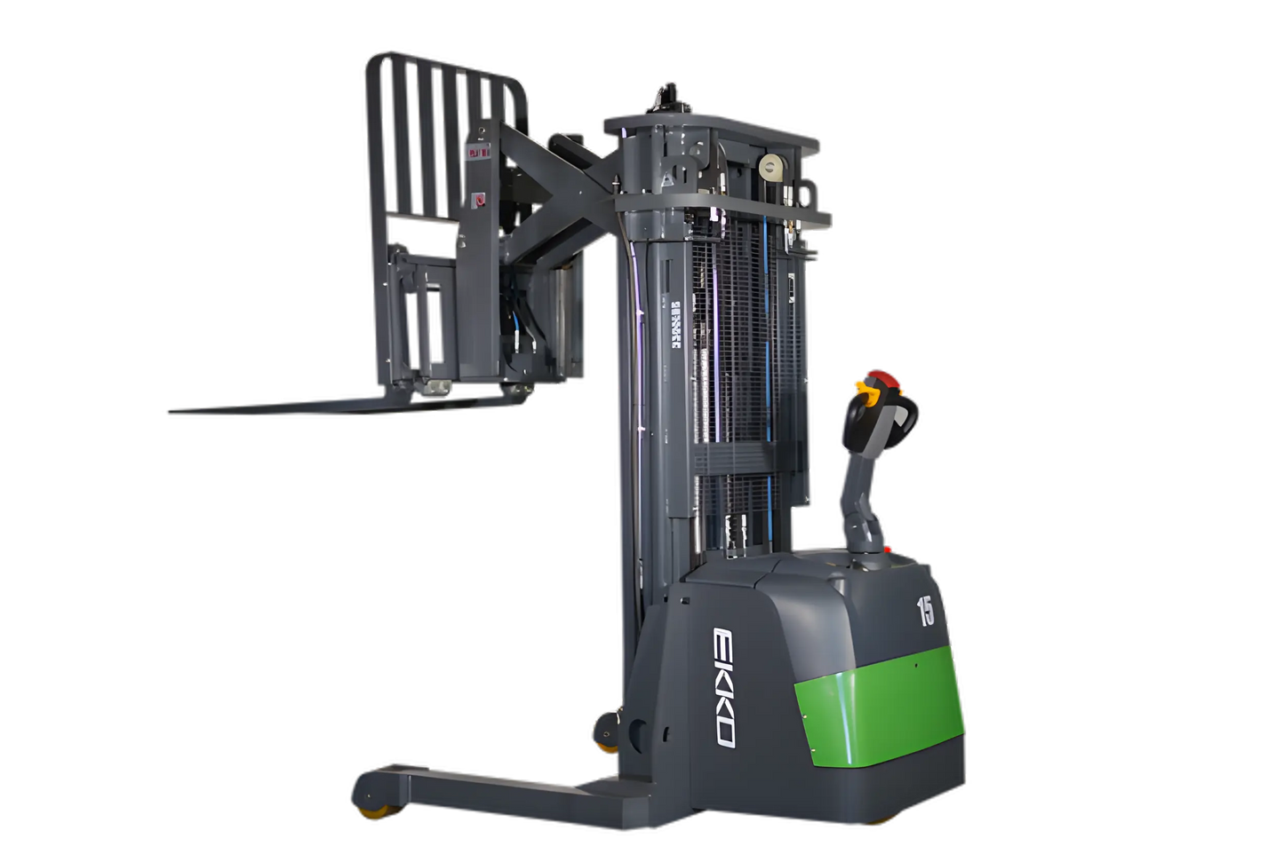 Walkie reach truck with extended forks, gray body, and green accents.