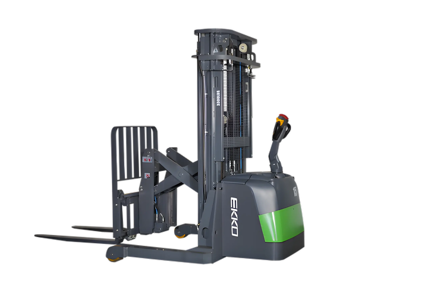 Walkie reach truck with lowered forks, gray body, and green accents.