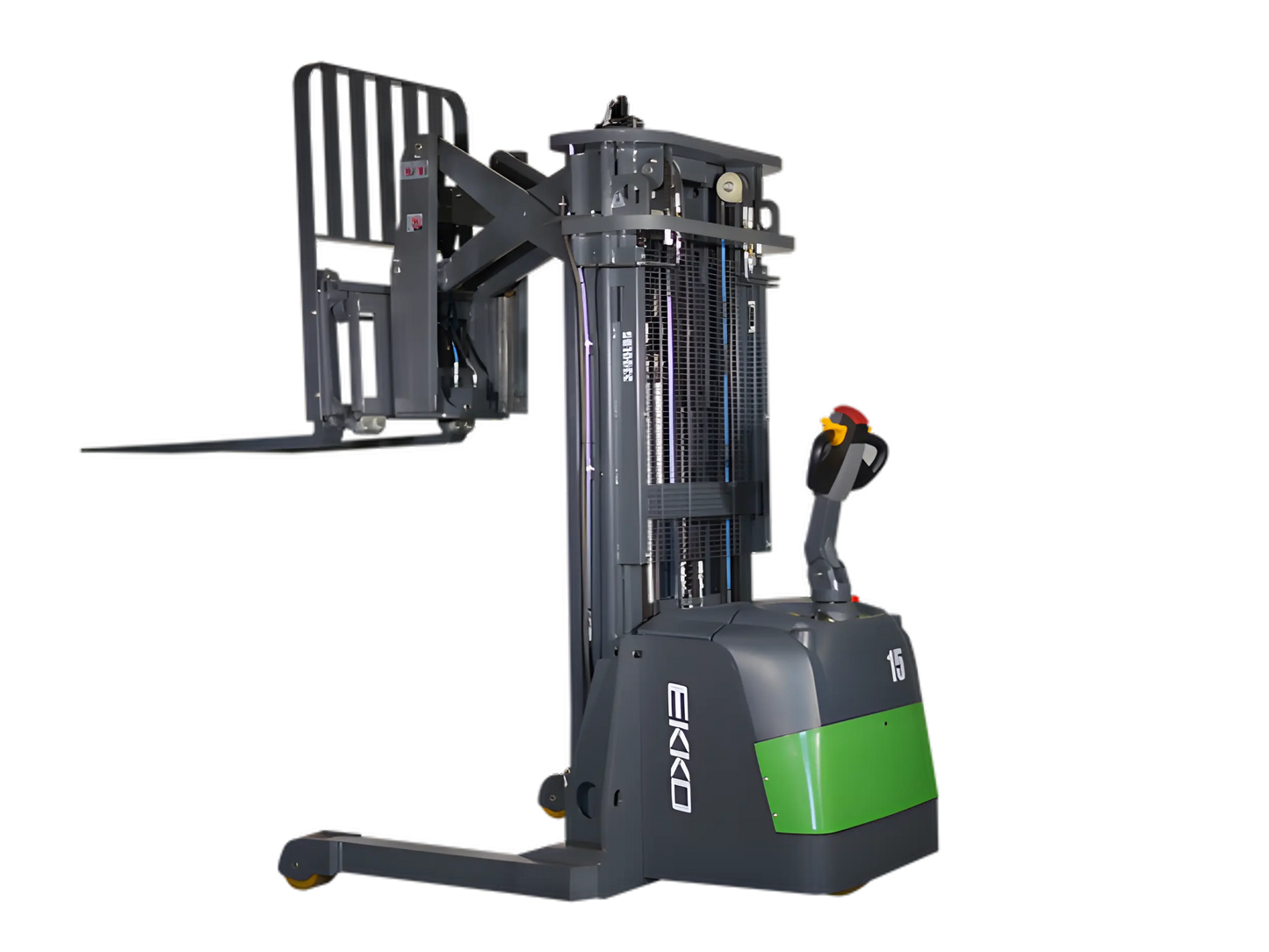 walkie reach truck with extended forks, gray body, and green accents.
