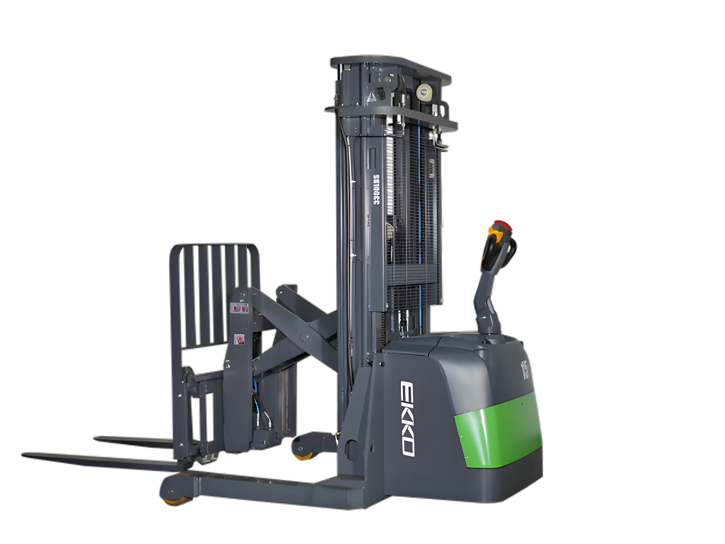 walkie reach truck with lowered forks, gray body, and green accents.