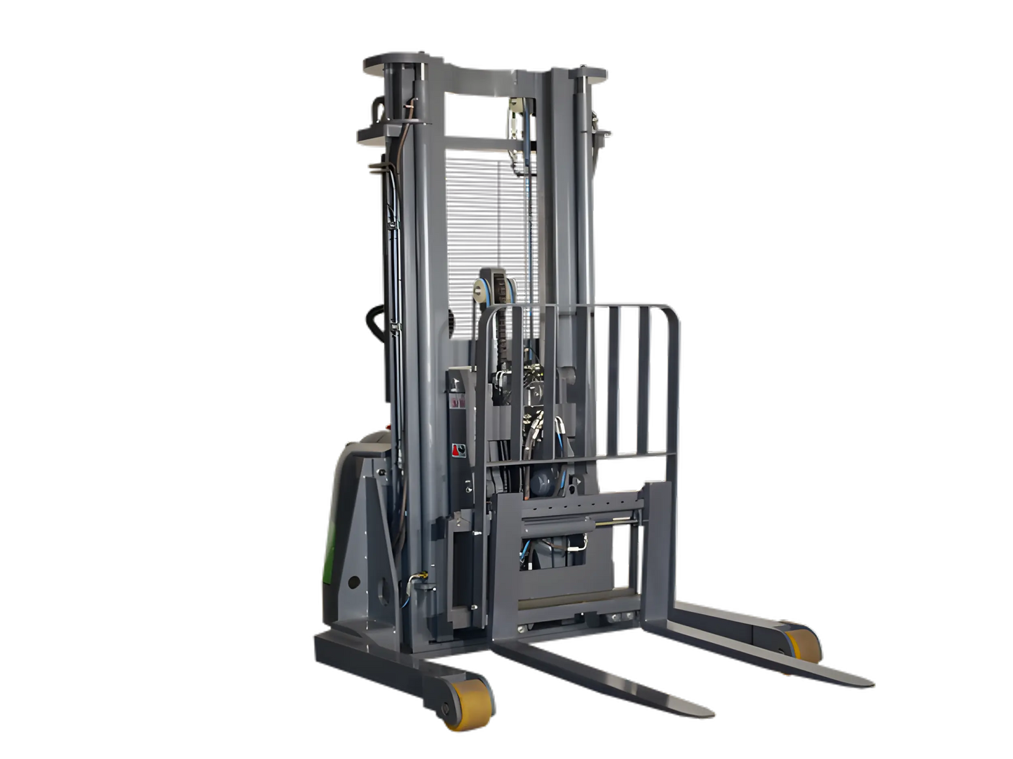 walkie reach truck with lowered forks, gray body, and green accents.