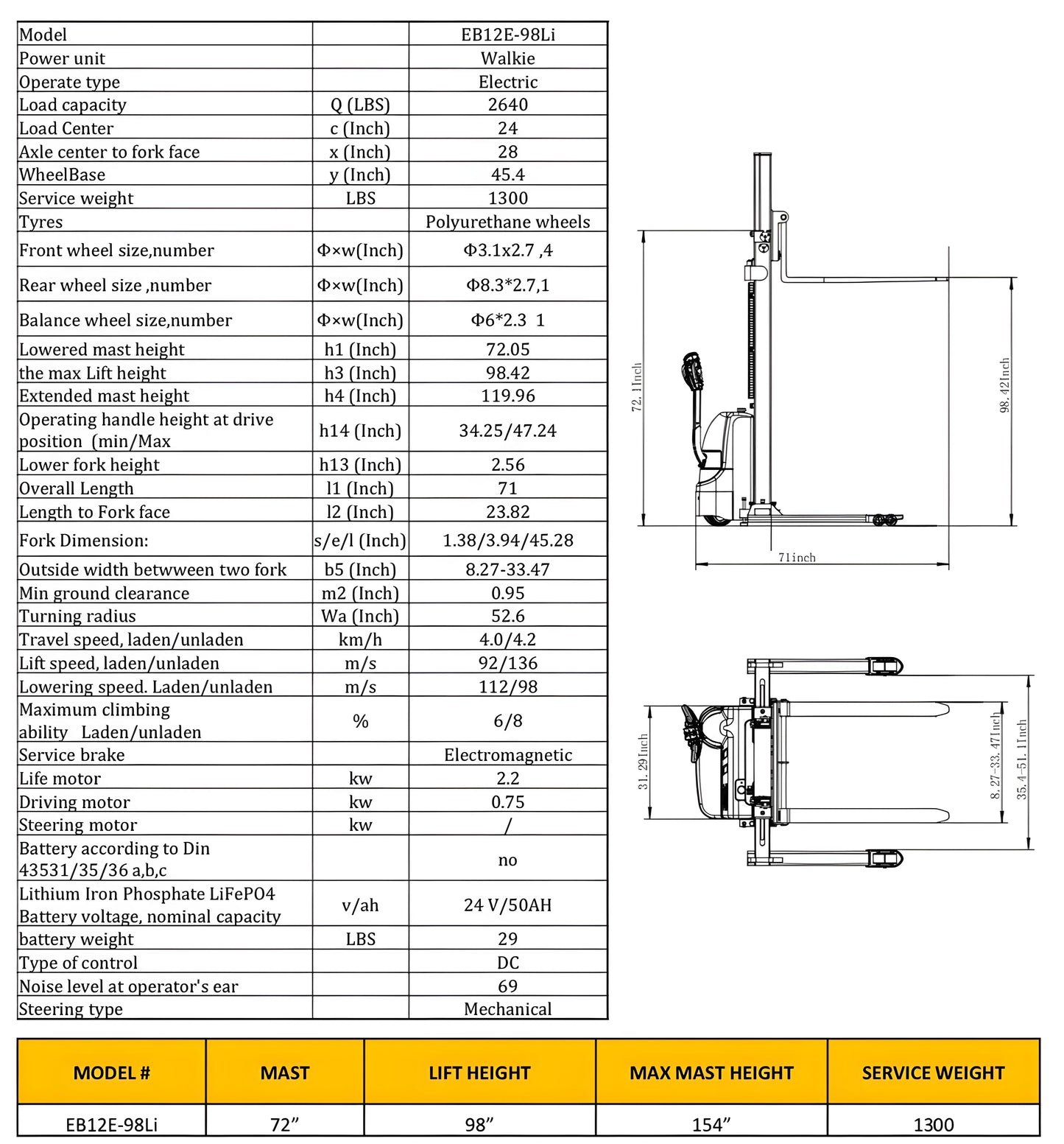 EKKO EB12E-98Li | Lithium Straddle Stacker | 98" Lift Height | 2640 lb Capacity