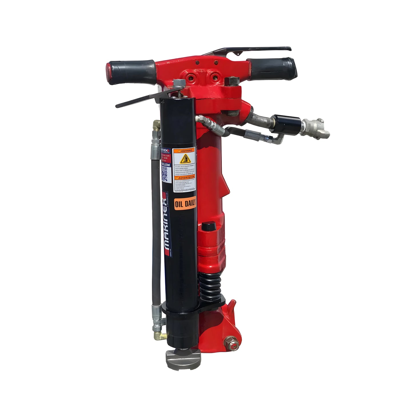 Red Makinex hydraulic breaker with ergonomic handles and connectors.