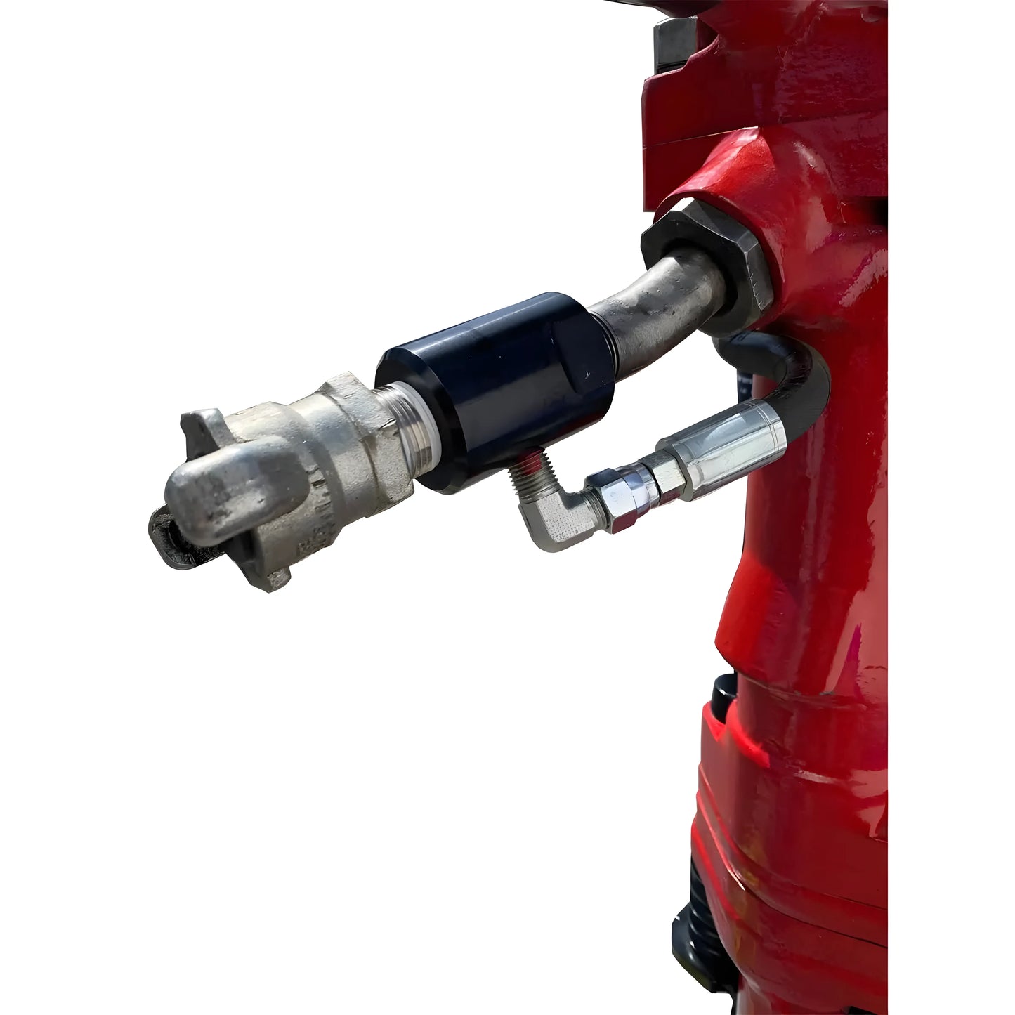 Close-up of a hydraulic connector on a red Makinex device