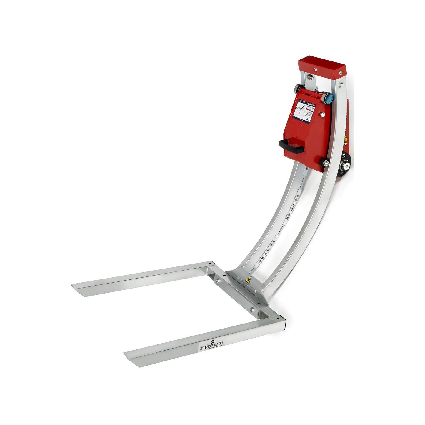 Portable red lifting device with adjustable aluminum forks for material handling.
