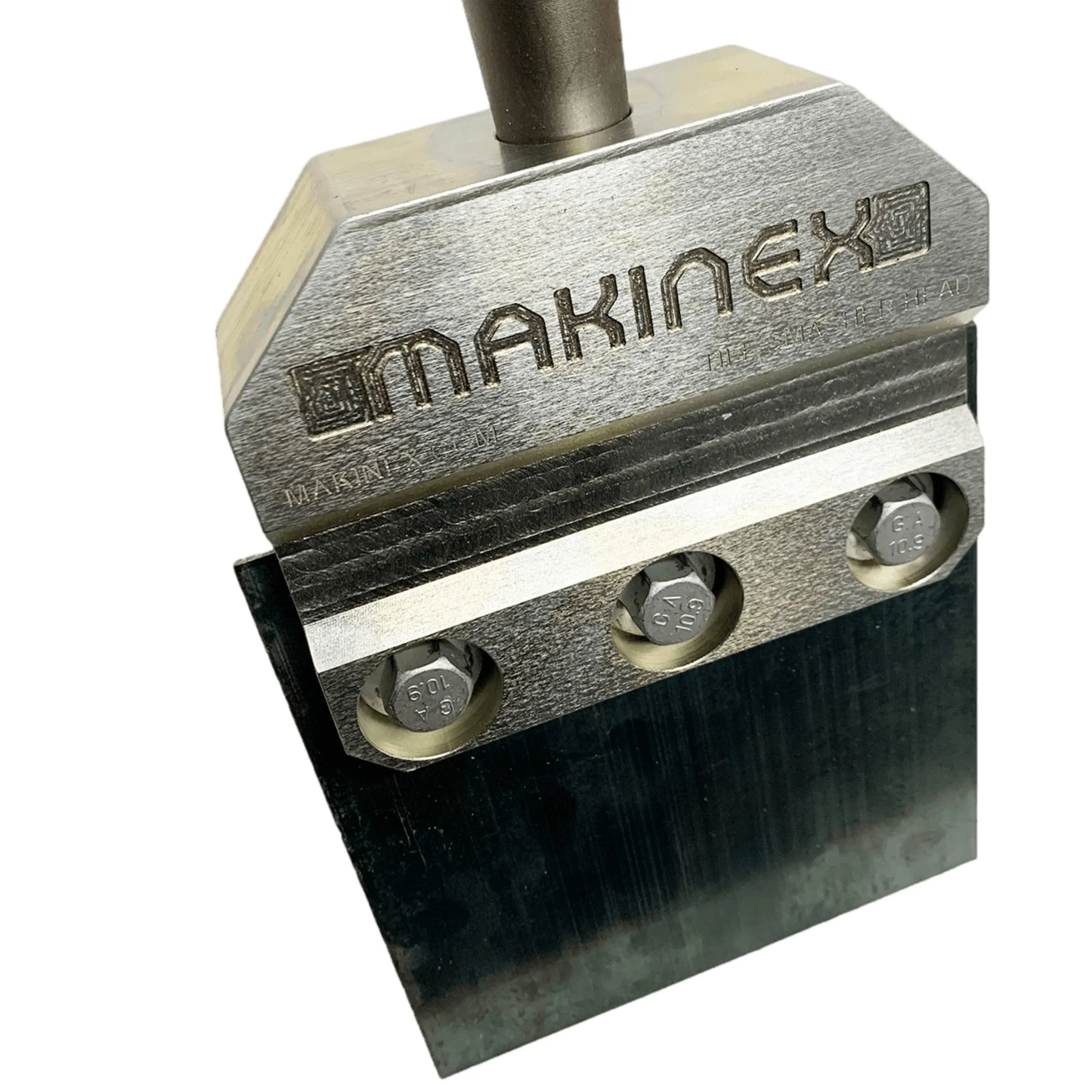 Close-up view of the Makinex branded heavy-duty floor cleaning blade with secure bolt attachments.