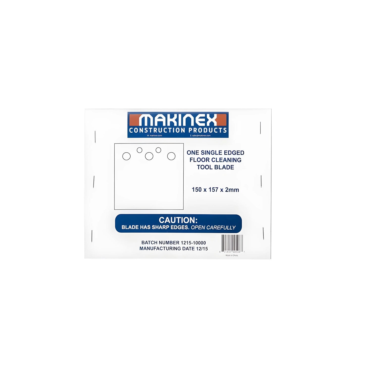 Makinex floor cleaning tool blade packaging with product details and caution label.