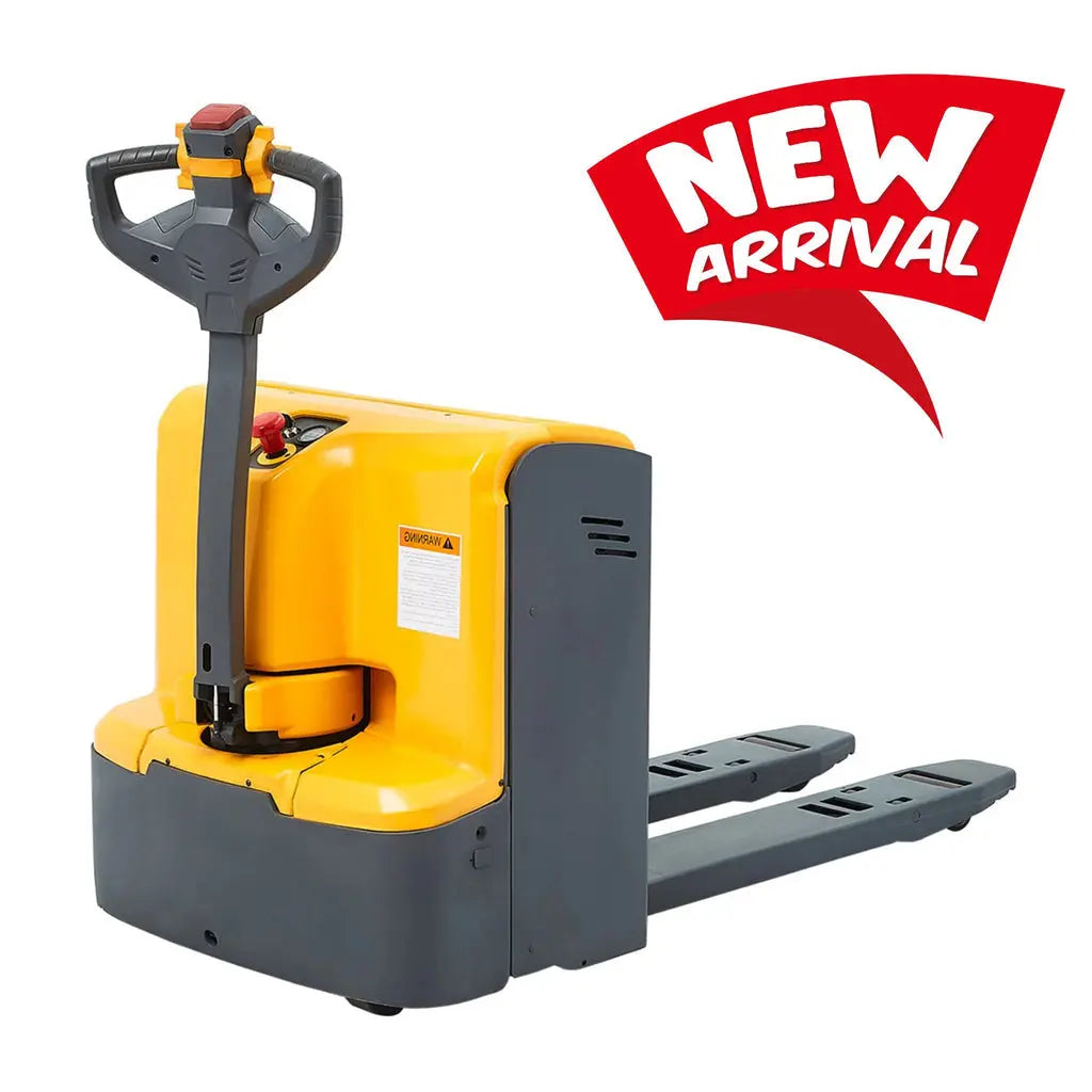 Apollolift A-1023 electric pallet jack in yellow and black with ergonomic handle and new arrival label