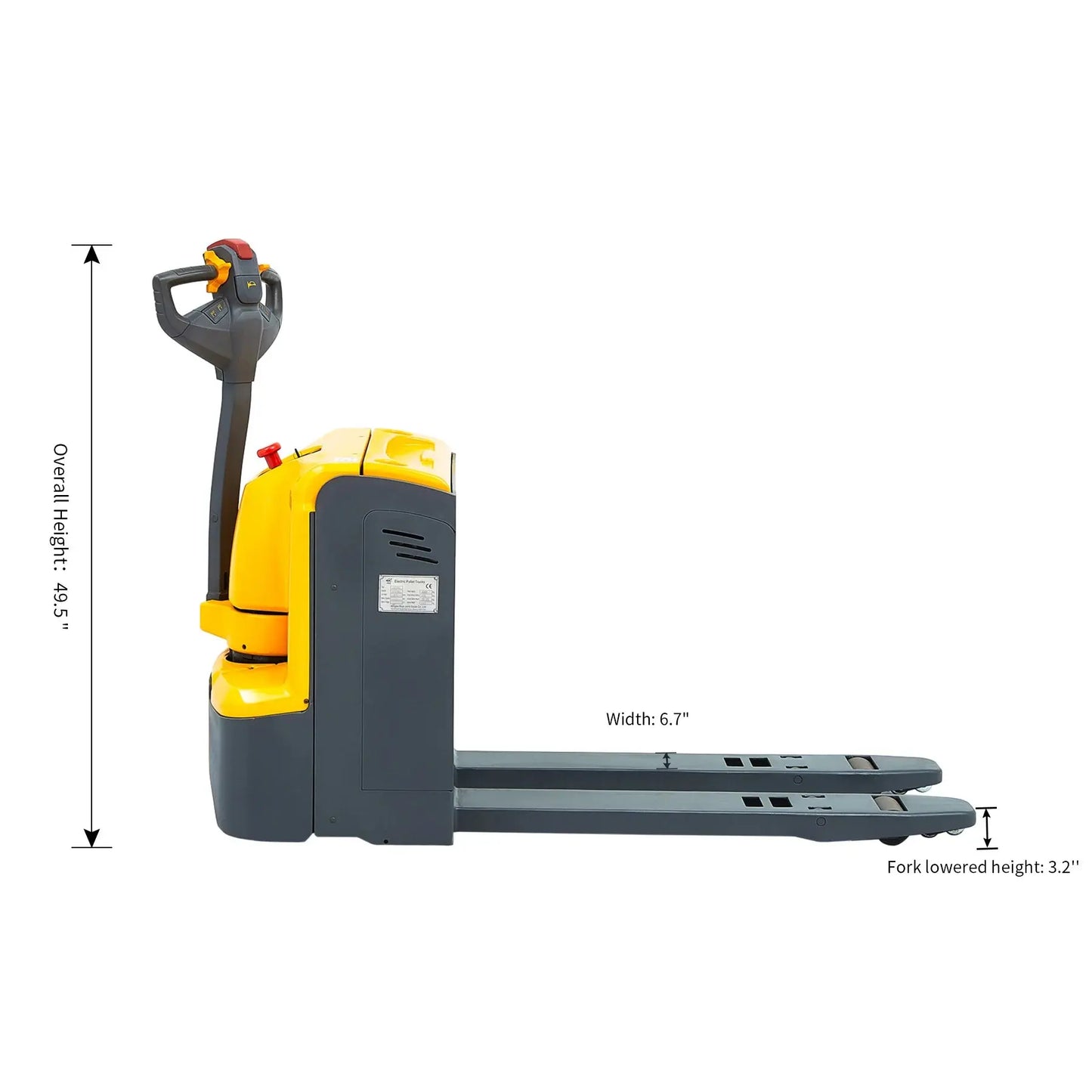 Apollolift A-1023 electric pallet jack in yellow and gray with handle and fork dimensions