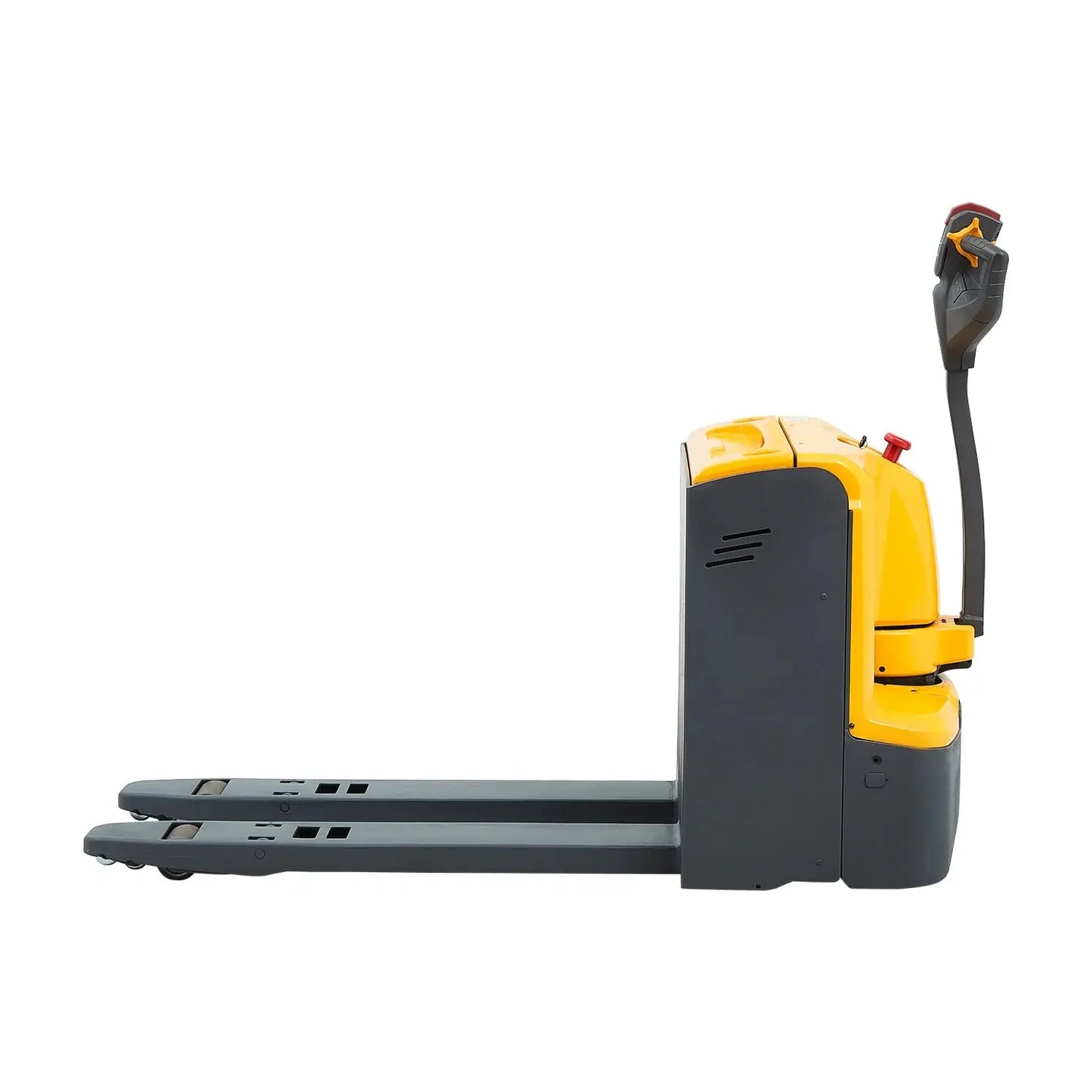 Yellow and black Apollolift A-1023 electric pallet jack with long forks and control handle