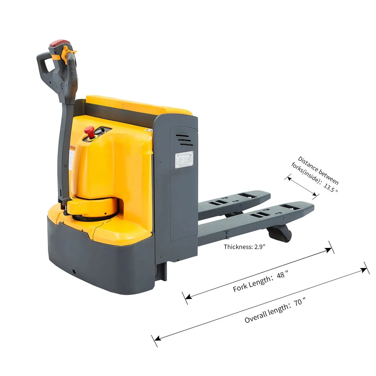 Apollolift A-1023 electric pallet jack with yellow and gray body and detailed fork dimensions