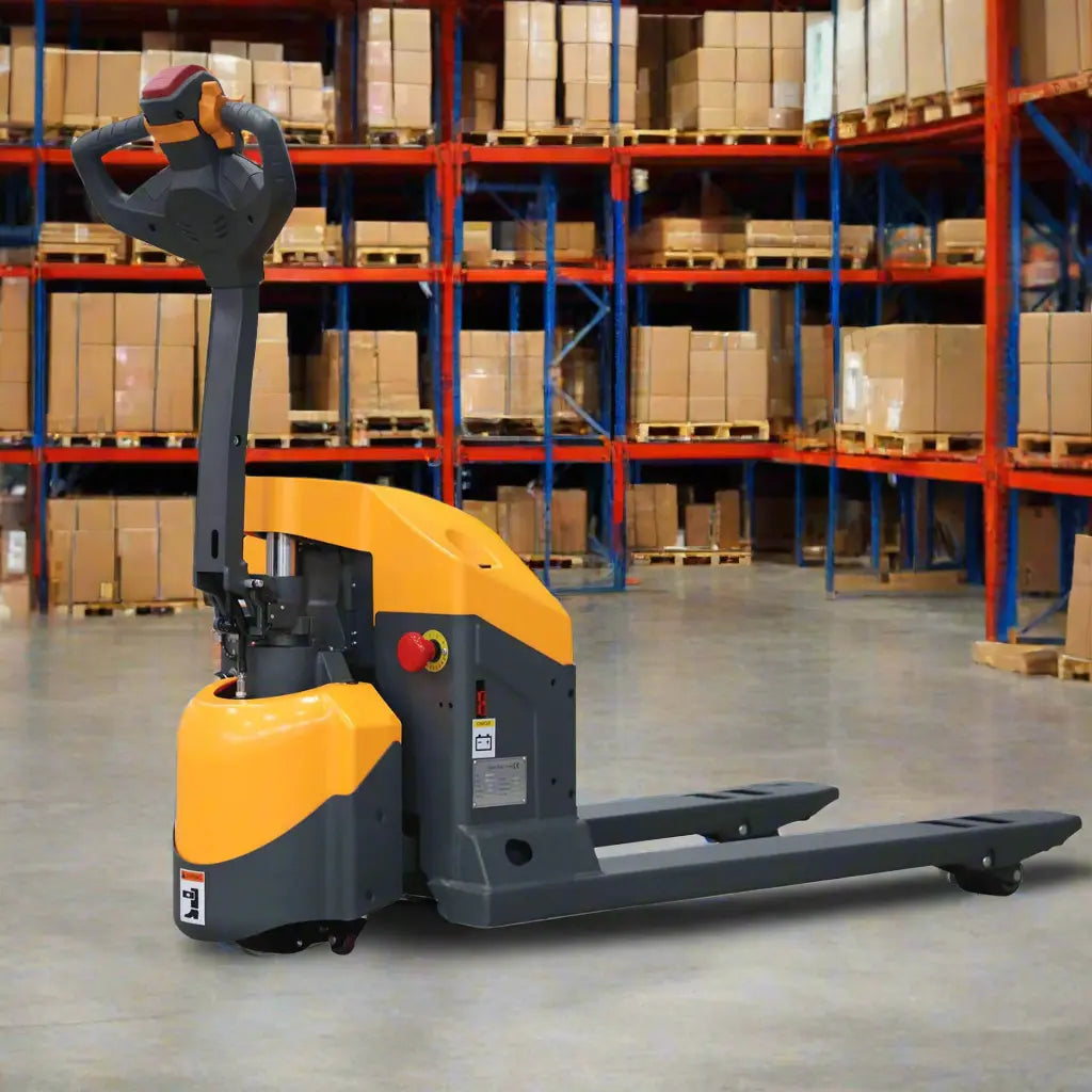 Apollolift A-1029 electric pallet jack in warehouse with orange and black design for efficient material handling