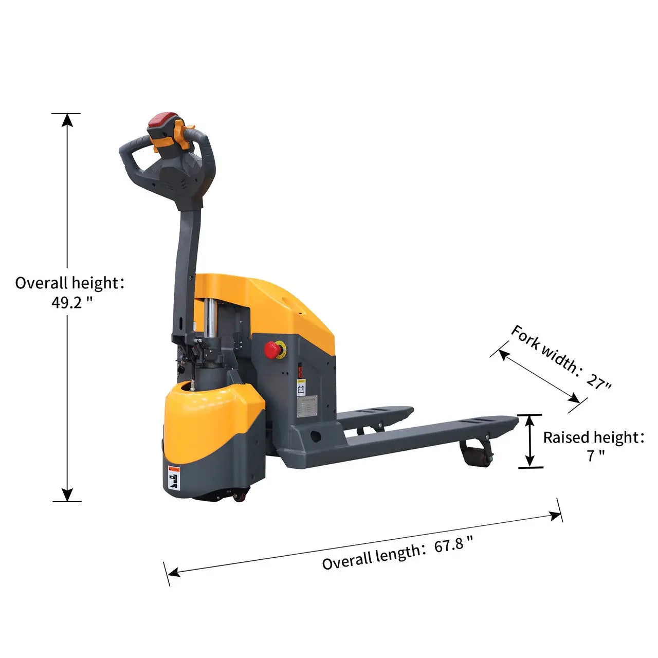 Apollolift A-1029 electric pallet jack with yellow and gray body showing overall height and fork dimensions