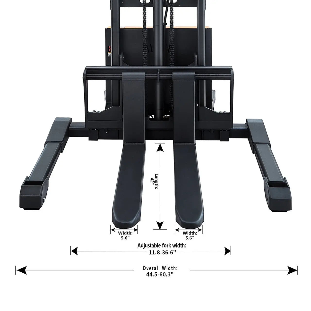 Apollolift A-3011 straddle stacker fork with adjustable width and measurement details in black