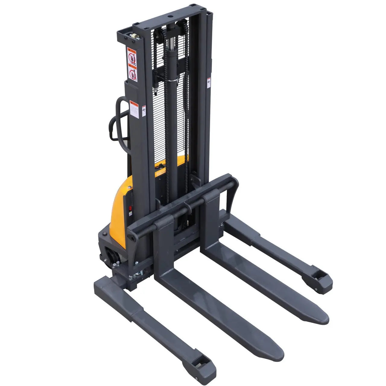 Apollolift A-3011 straddle stacker with black and yellow frame and dual forks for lifting pallets