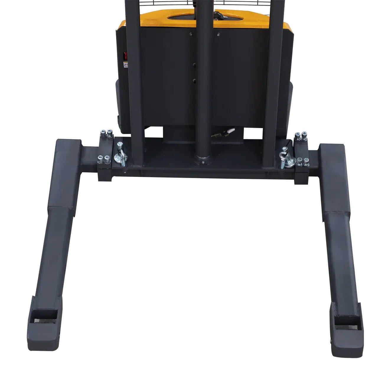 Apollolift A-3011 straddle stacker close-up view of black adjustable support legs and base