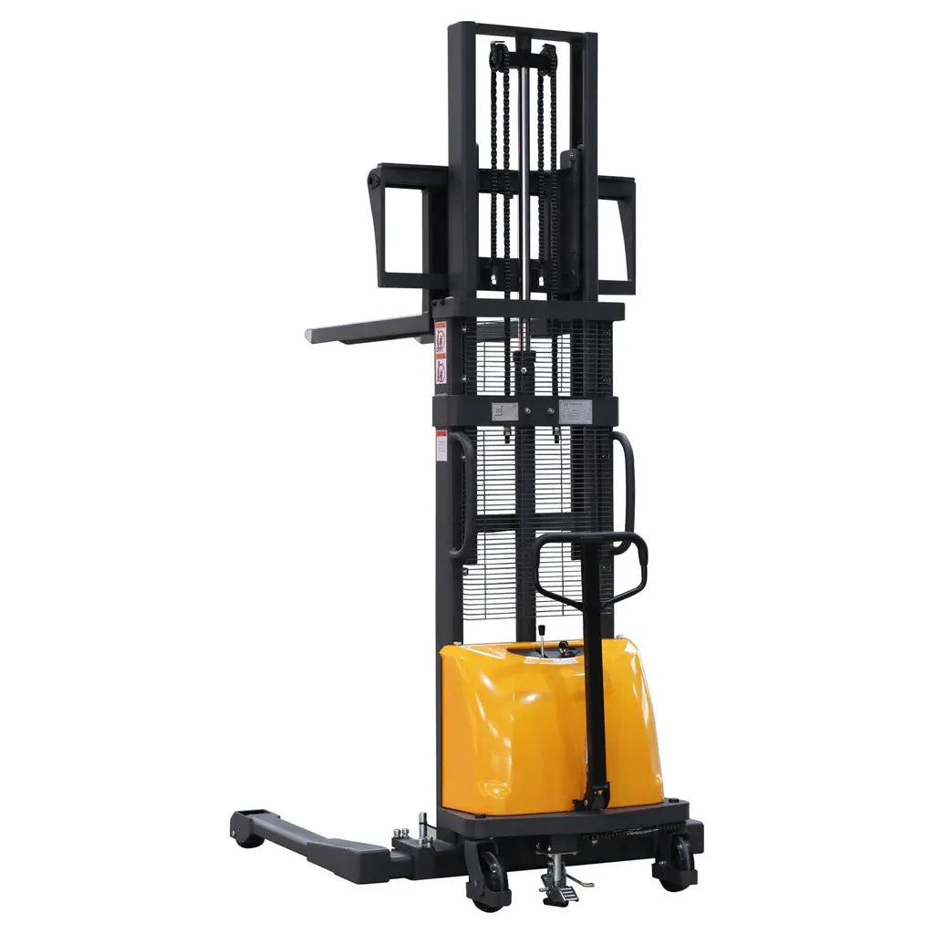Apollolift A-3011 straddle stacker with yellow base and black lifting frame for efficient warehouse handling