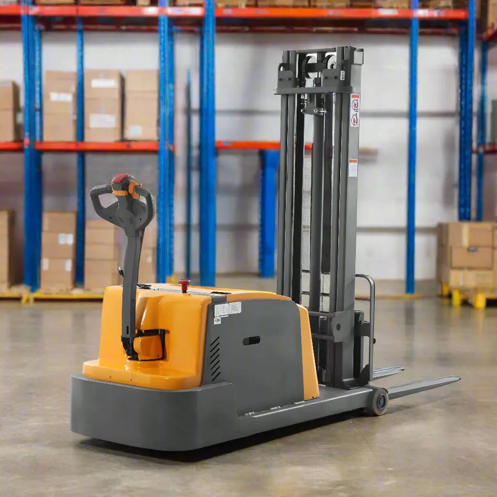 Apollolift A-3048 Electric Pallet Stacker with yellow and gray body in warehouse