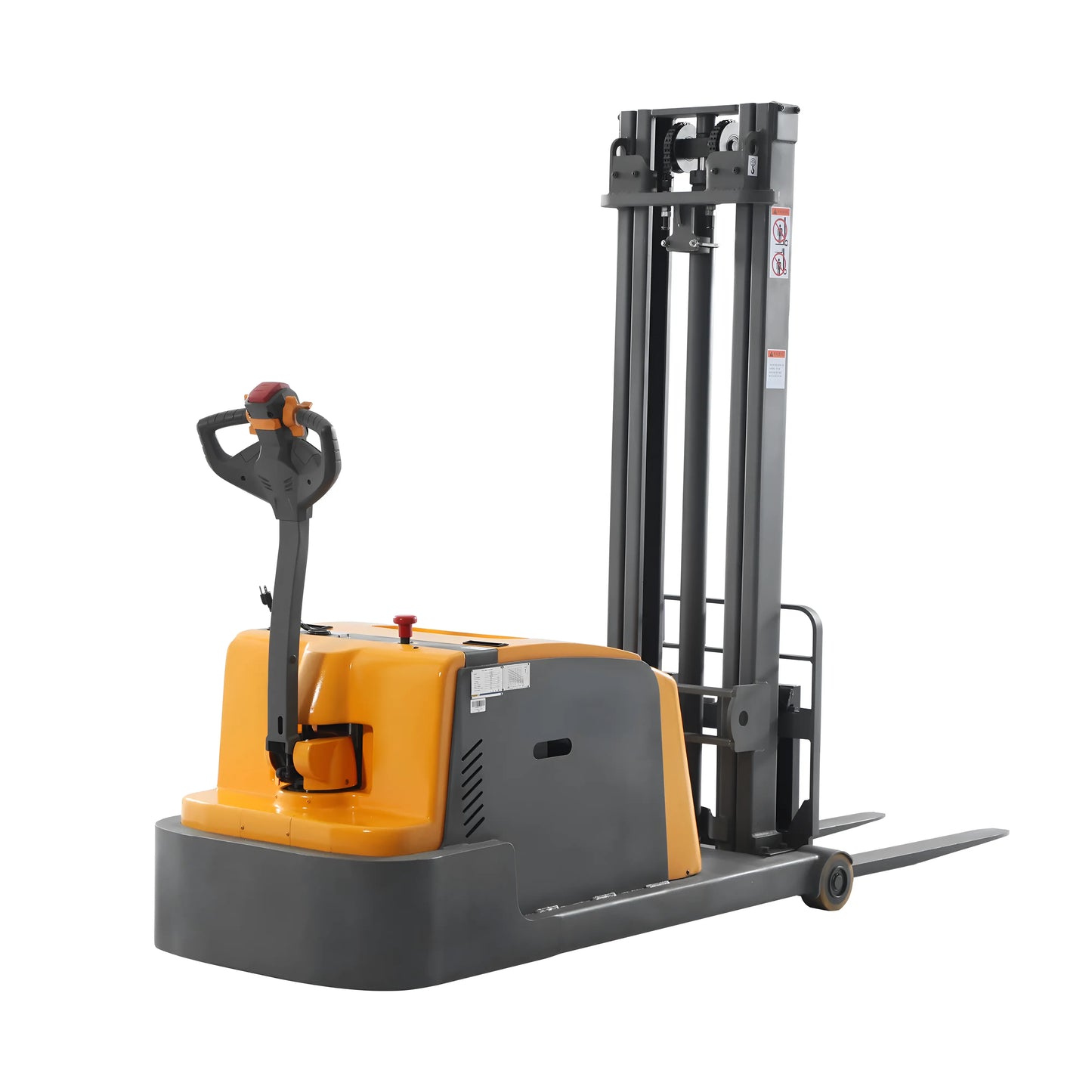 Apollolift A-3048 Electric Pallet Stacker in yellow and black with ergonomic handle for easy lifting