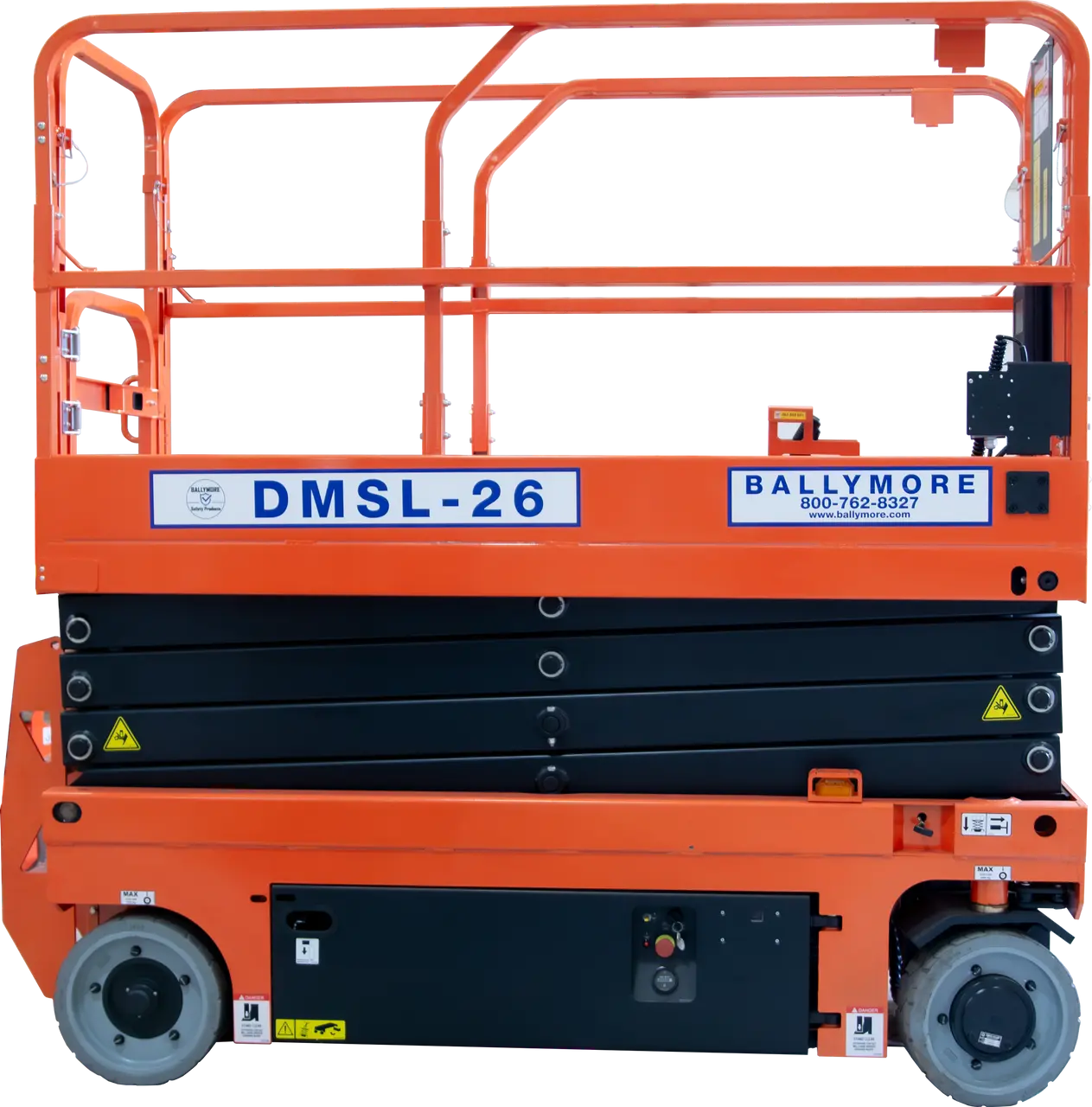 Ballymore drivable compact scissor lift model DMSL-26 in orange and black with safety rails
