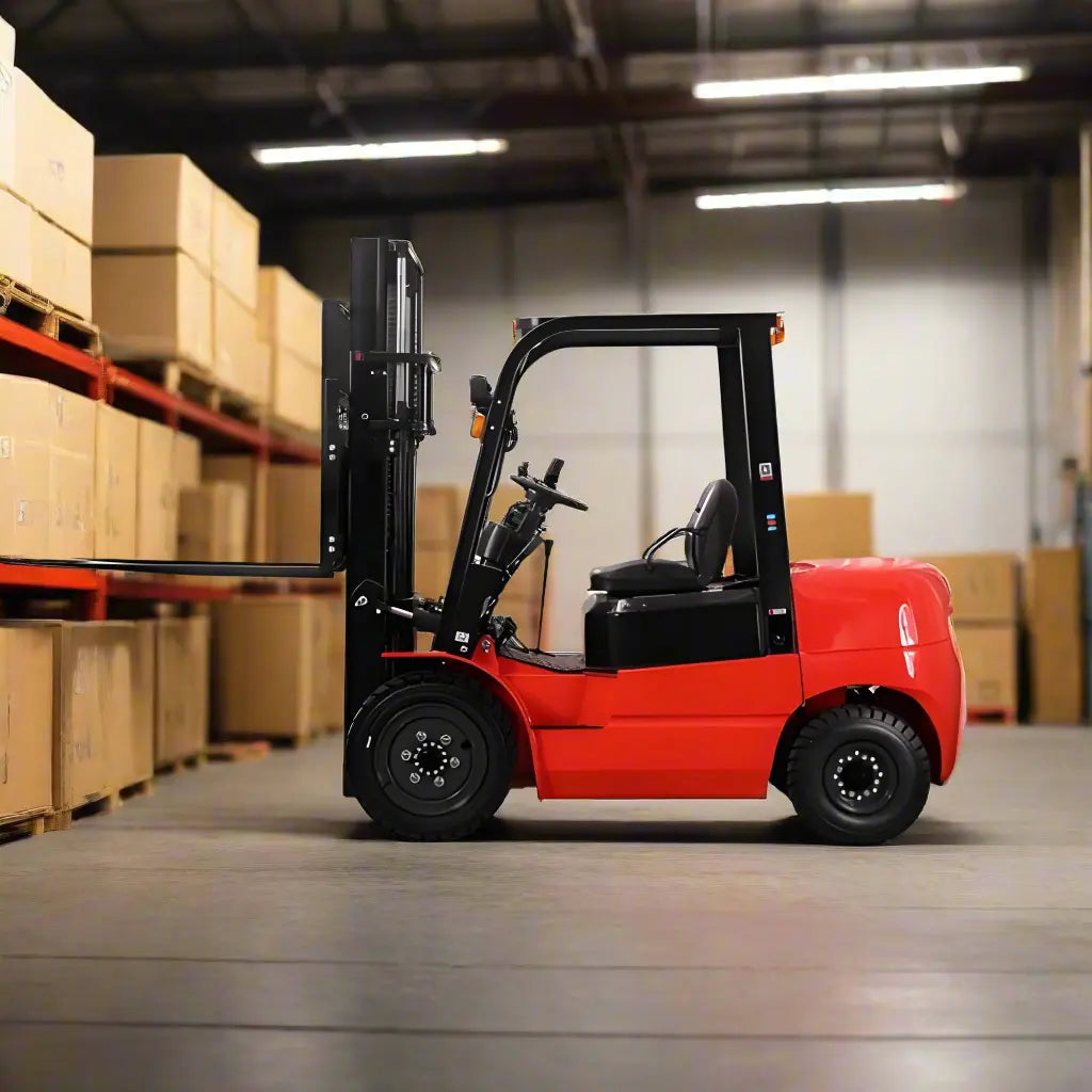 Major Lift red diesel forklift lifting pallets in warehouse with stacked boxes in background