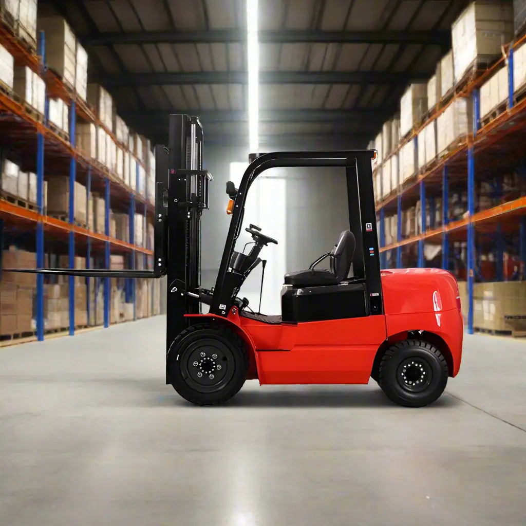 Major Lift red diesel forklift parked inside warehouse aisle with tall shelving and stacked boxes