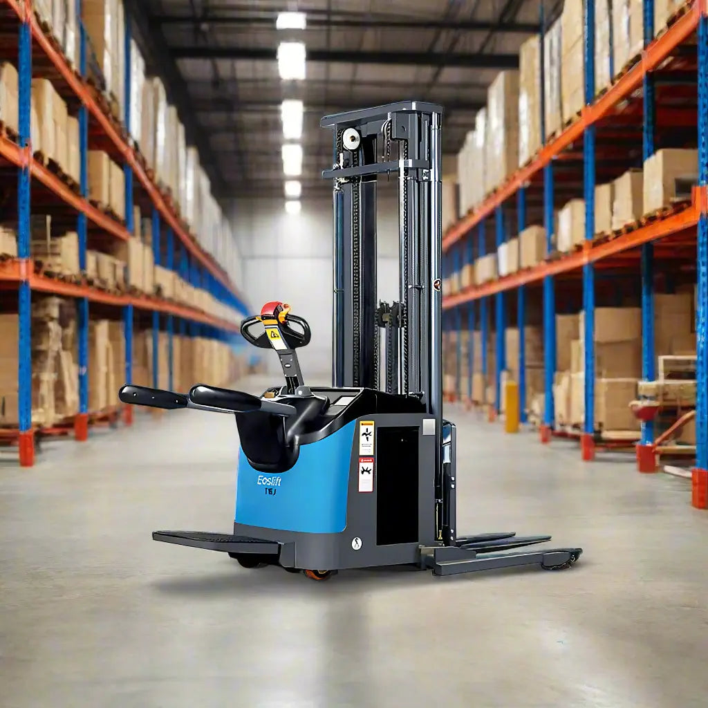 EOSLift electric pallet stacker in warehouse with tall blue and orange shelving racks