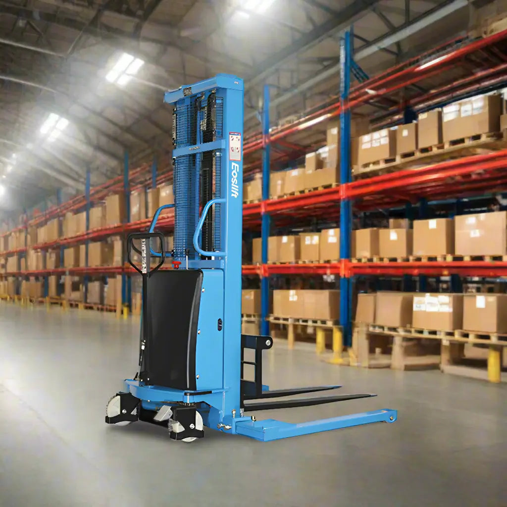 EOSLift blue Semi-Electric Pallet Stacker in warehouse with pallets and shelving in background